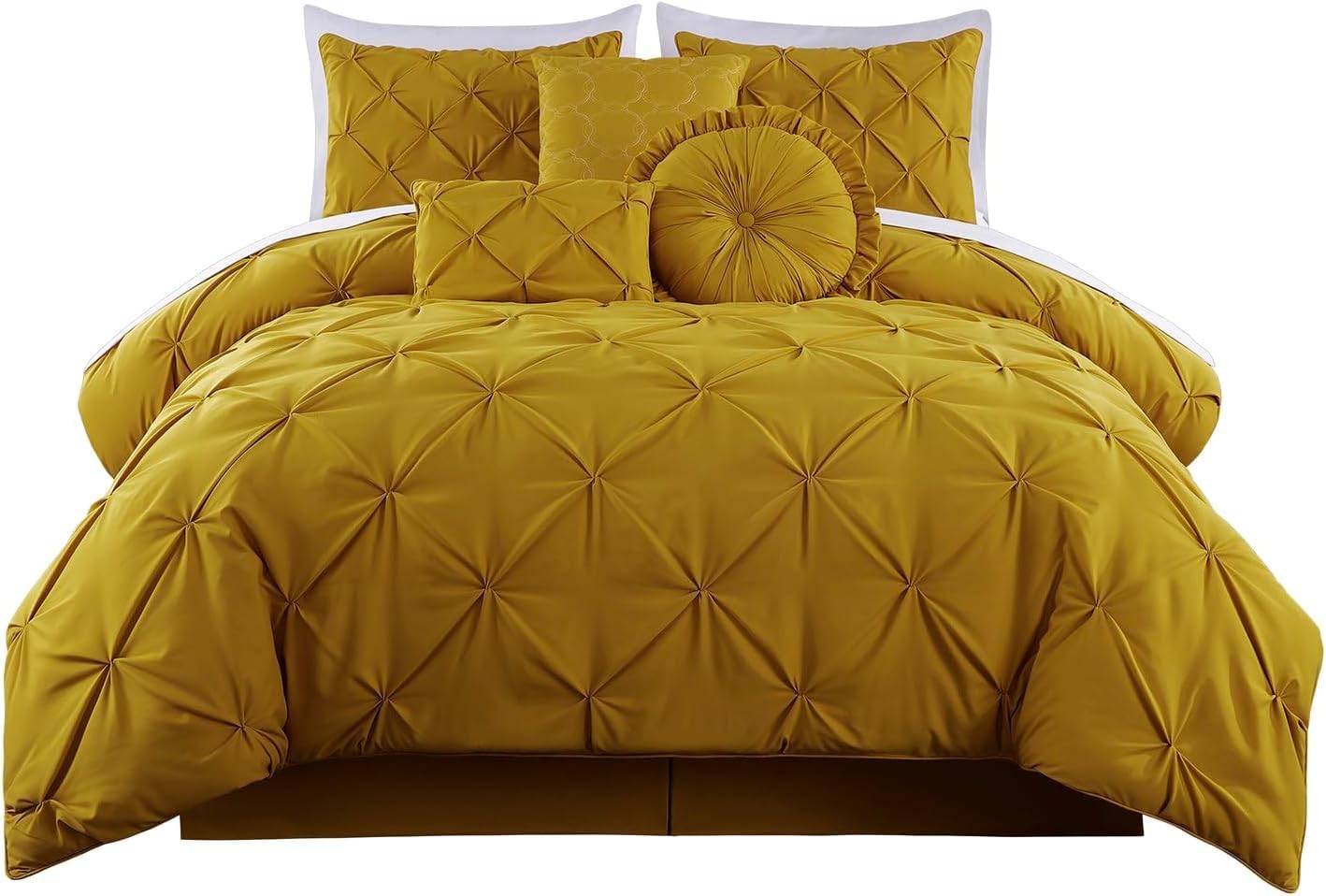 Sydney Extra Wide King Size Comforter Set - 7-Piece Pintuck Bedding - Mustard Yellow, Elegant Lightweight Pinch Pleat Comforter with Decorative Pillows Bed Set for All Season