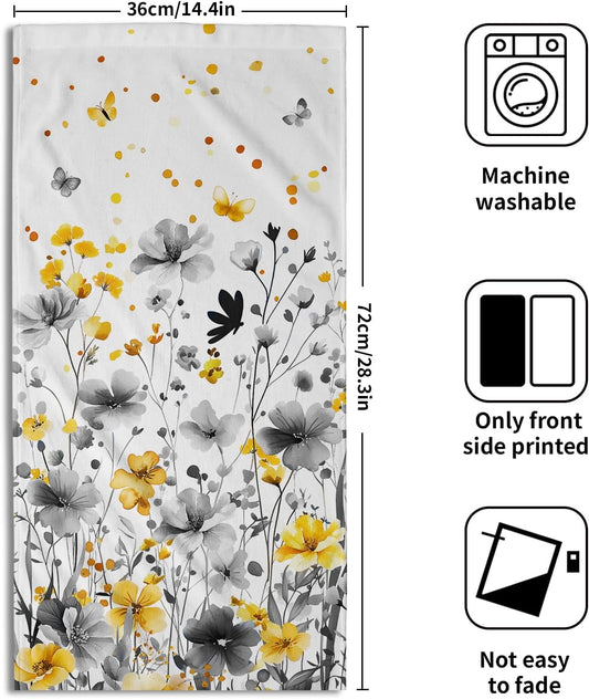 Spring Floral Hand Towels 14x28 Inch Set of 2 Watercolor Grey Yellow Wildflowers Absorbent Soft Dish Washing Cloth Tea Towels for Home Kitchen Bathroom Gym Hotel Spa Decor