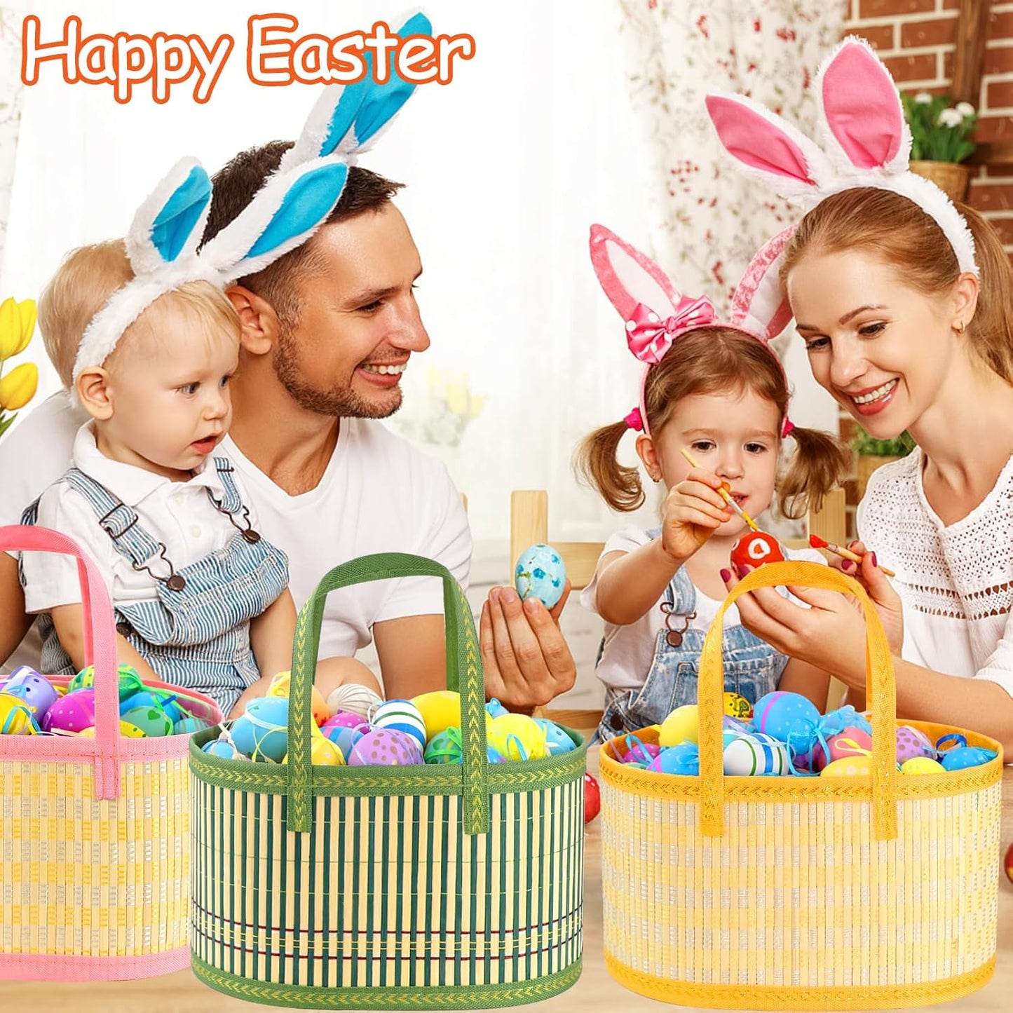 4Pcs Foldable Easter Woven Bamboo Baskets Empty, Oval Easter Basket Bulk Set with Handle, Large Easter Baskets for Easter Egg Hunt Party Favor Picnic Supplies Gift Packing - Pink Yellow Green Blue