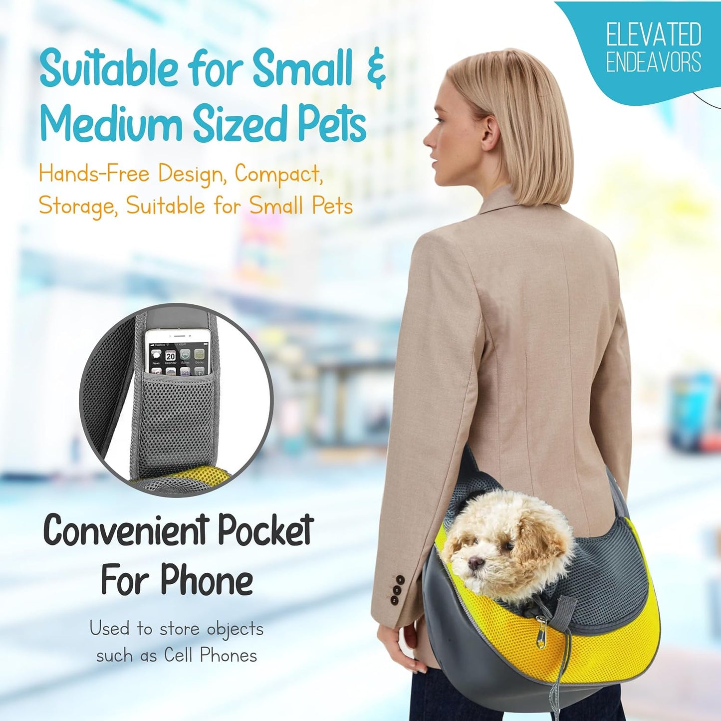 Dog Sling Carrier for Small & Medium Dogs - Breathable Mesh Puppy Travel Bag with Adjustable Strap, Zipper Touch Pocket- Perfect Pet Sling for Outdoor, Travel- Keep pet Comfortable (0-15lb, Yellow)