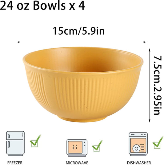 Unbreakable Wheat Straw Cereal Bowls, 24 oz Reusable Lightweight Bow Set of 4, Microwave & Dishwasher Safe Soup and Salad Bowls for Snack Rice Noodles, BPA Free (Yellow)