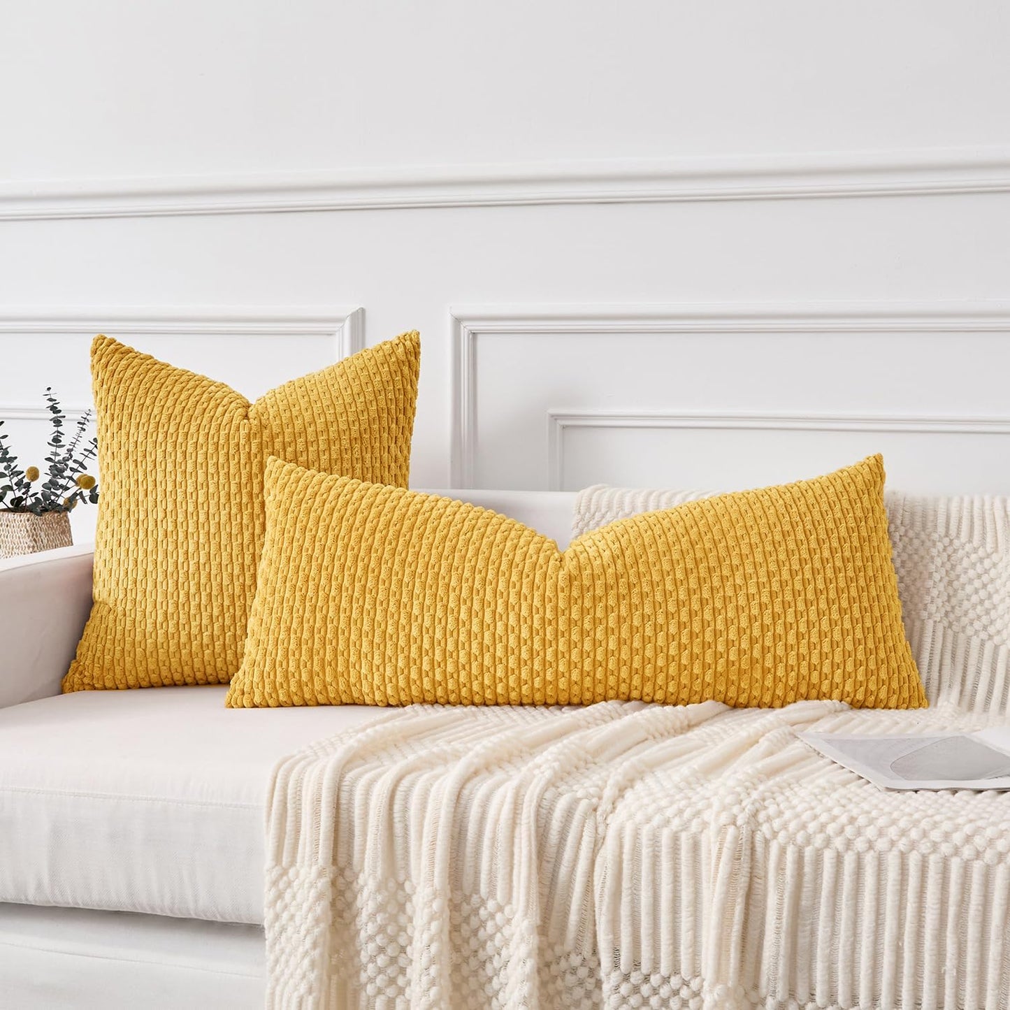 Soft Corduroy 20"x54" Pillow Cover 1 Pack, Mustard Yellow | Boho Stripe Plush Corduroy Decorative Oblong Cushion Cover Modern Farmhouse Home Decor for Sofa Couch Bed Chair