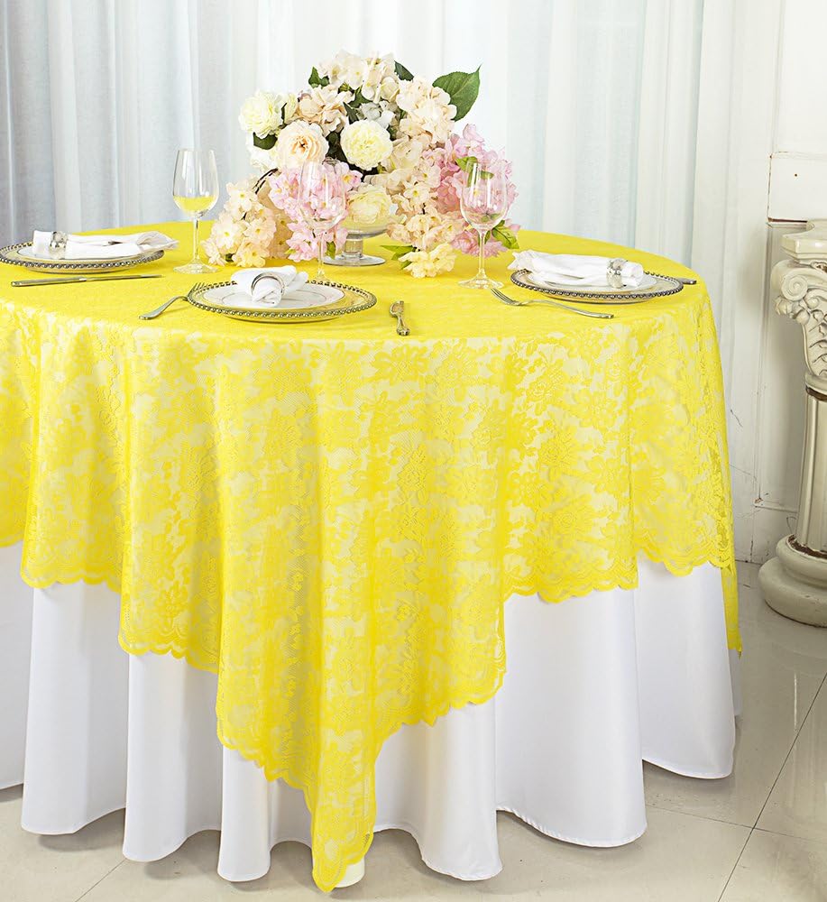 72 in x 72 in Lace Table Overlays, Lace Tablecloths Square, Lace Table Overlay Linens, Lace Table Toppers for Wedding Decorations, Events Banquet Party Supplies - Canary Yellow