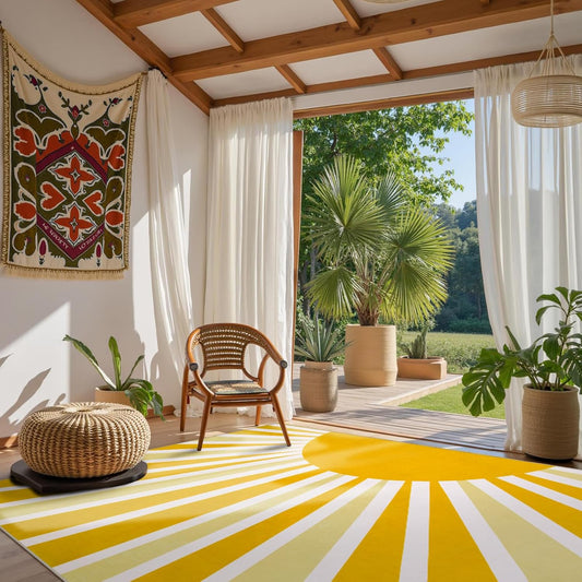 8 x 10 Area Rugs for Living Room - Soft Cute Rugs for Bedroom 8x10 Non-Slip Low-Pile Large Nursery Rug, Boho Rainbow Sun Print Indoor Floor Carpet Rugs for Office Classroom (8'x10', Yellow)