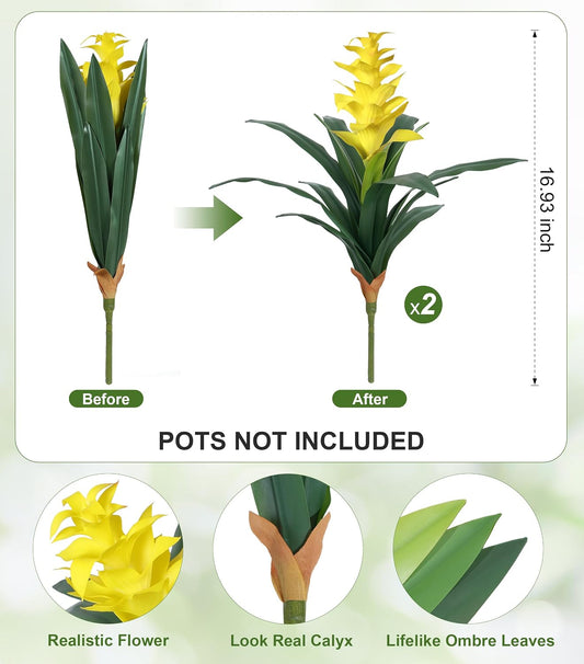 Fake Flowers Plants for Outdoors, 2 Pcs 16.93" Bromeliad Artificial Flowers Uv Resistant Realistic Faux Flowers for Outdoor Planters Outside Porch Patio Yard Garden Indoor Decoration(Yellow)