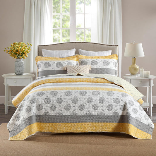 Quilt Queen Size-Comforter Queen Bedding Set,Yellow Gray White All Cotton Quilted Bedspread, Striped Floral Pattern Quilt Set,Lightweight Paisley 3 Piece,All Seasons