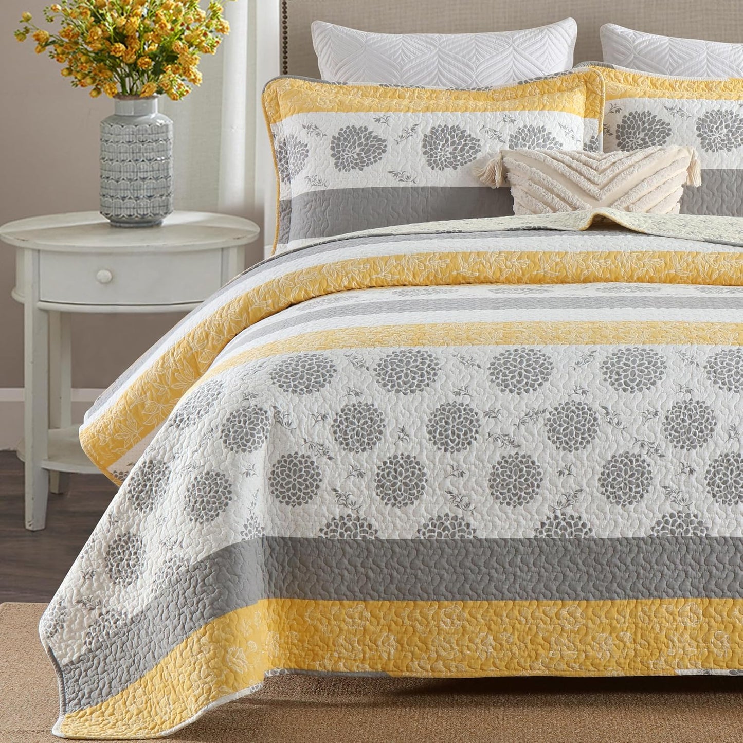 Quilt Queen Size-Comforter Queen Bedding Set,Yellow Gray White All Cotton Quilted Bedspread, Striped Floral Pattern Quilt Set,Lightweight Paisley 3 Piece,All Seasons