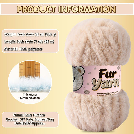 1 Skeins Faux Fur Yarn Soft Fluffy for Crocheting - Chunky Fuzzy Yarn for Crochet Amigurumi, Blankets, Scarves and Sweaters - Each 3.5 oz/100 g, 71 yds/65 m (1, Colorful Yellow+Pink+Purple)