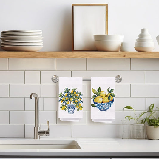 Chinoiserie Lemon Kitchen Towels, Blue and White Porcelain Lemon Dish Tea Towels for Kitchen, Grandmillennial Lemons Fruit Tree Decorative Hand Towel for Bathroom Decor, 16x24 Inch Set of 2