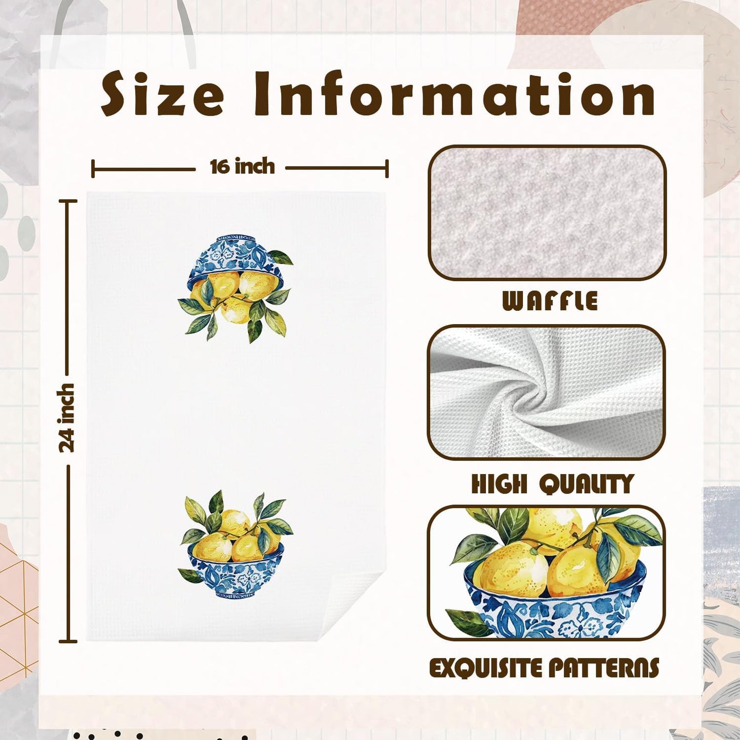 Chinoiserie Lemon Kitchen Towels, Blue and White Porcelain Lemon Dish Tea Towels for Kitchen, Grandmillennial Lemons Fruit Tree Decorative Hand Towel for Bathroom Decor, 16x24 Inch Set of 2