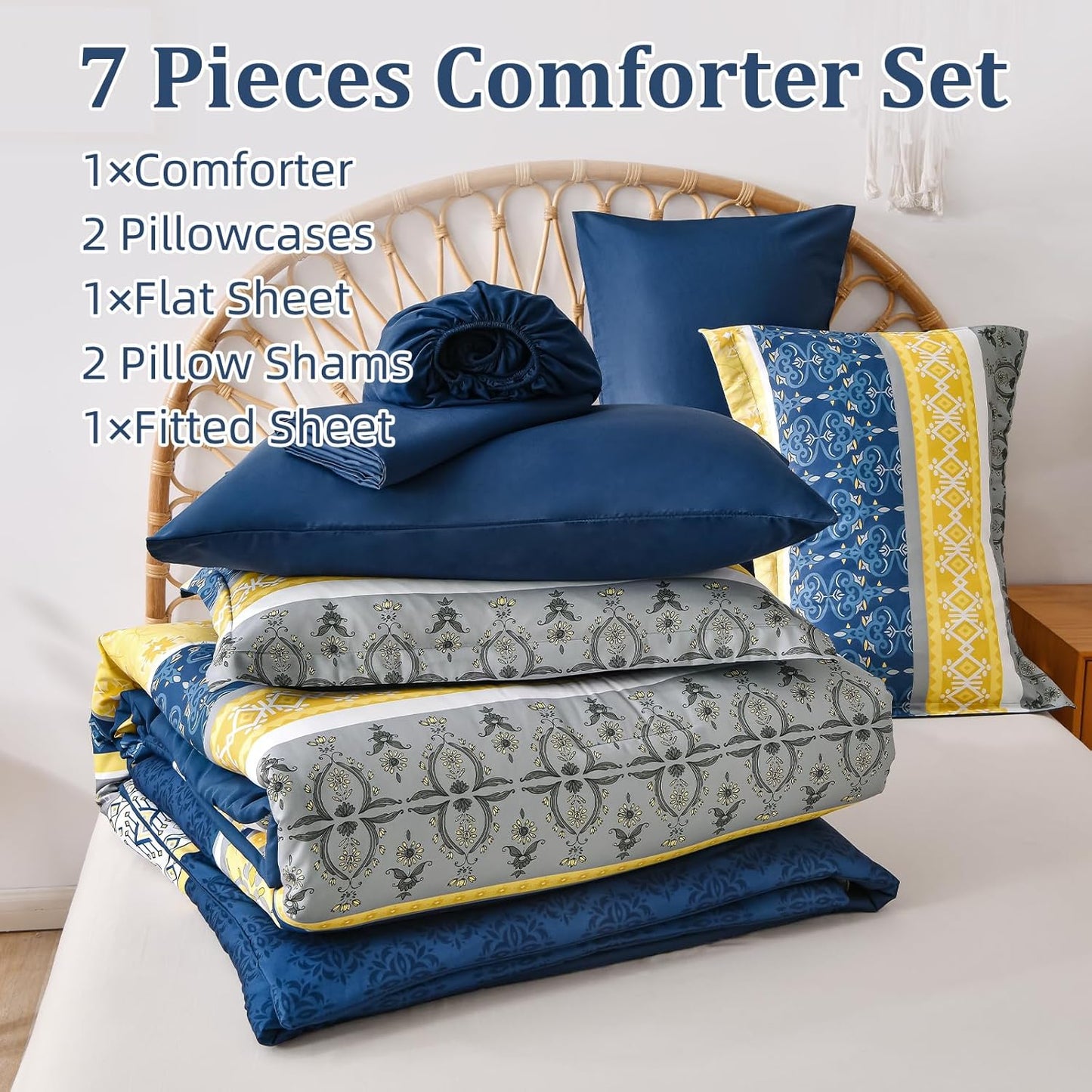 Boho Comforter Set King, 7 Pieces Navy Blue and Yellow Comforter Set Bohemian Bed in A Bag Striped Paisley Floral Comforter and Sheet Set Soft Microfiber Bedding Set for All Season