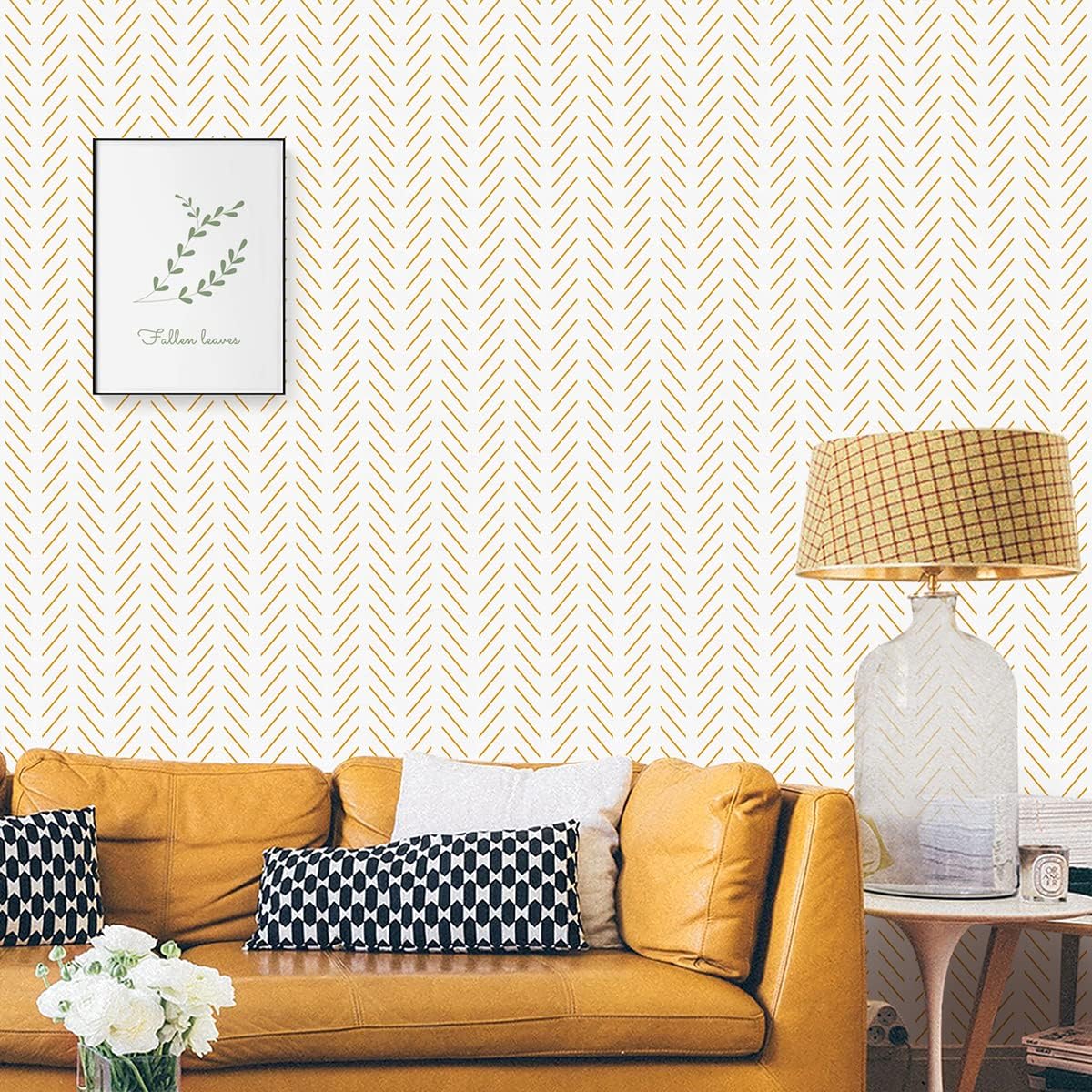 Yellow and White Peel and Stick Wallpaper Modern Herringbone Wallpaper Bathroom 17.7inch x 118.1inch Geometric Removable Contact Paper Peel and Stick Self Adhesive Cabinet Wall Paper Waterproof