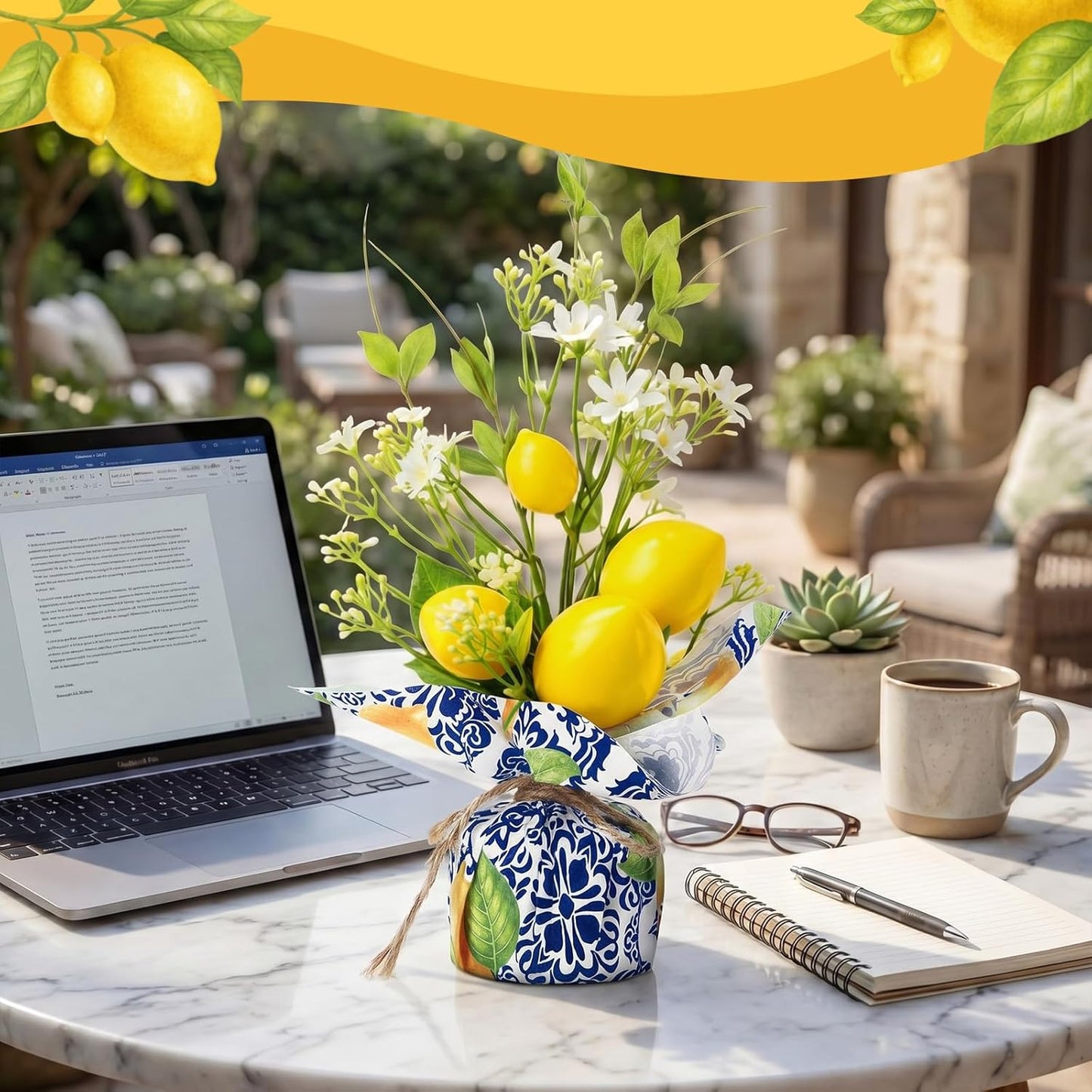 Riceshoot 2 Pcs 13.7'' Small Artificial Potted Lemon Pick Lemon Centerpiece | Linen Bag Vases, Blue Tiles, Amalfi Coast Party Decoration, Fake Lemons Potted Plants, Mediterranean Positano Wedding Decor