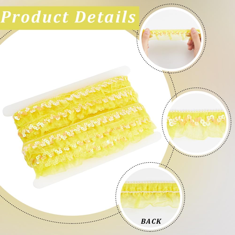 11m Yellow Sequin Chiffon Lace Edge Trim Gathered Ruffle Elastic Organza Fabric Ribbon 3cm Pleated Mesh Stretch Fringe Trim for Cloth Craft Sewing Embroidered Wedding Party Decor