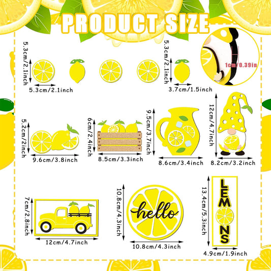 12 Pcs Lemon Tiered Tray Decor Set Gnome Fresh Lemonade Wooden Sign Yellow Lemon Wood Blocks Standing Sign Summer Tray Decor for Home Summer Kitchen Table Decoration