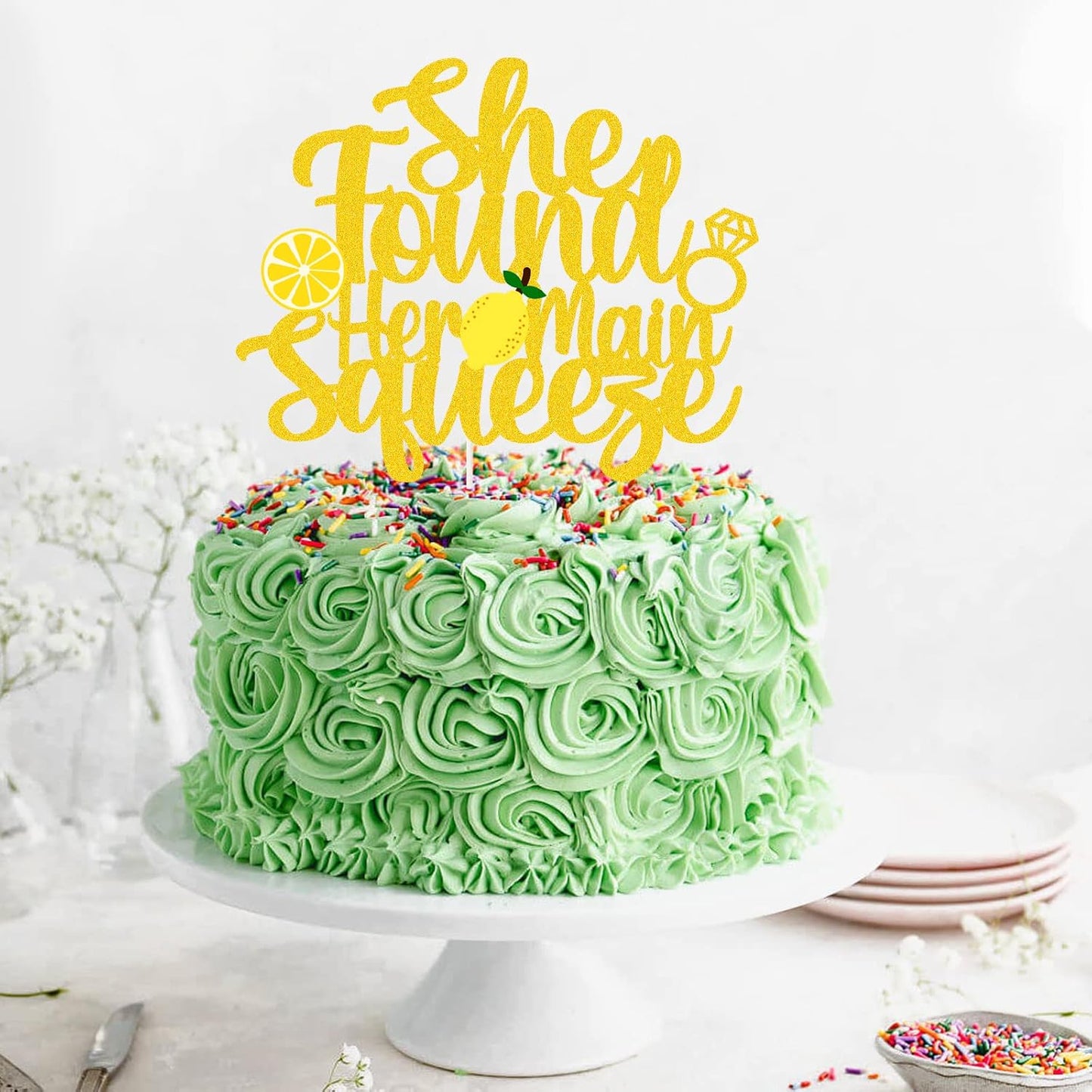 She Found Her Main Squeeze Cake Topper,Lemon Sign Bride Shower Cake Decorations,Lemon Smash Cake Picks,Lemon Wedding Bachelorette Engagement Party Supplies, Gold