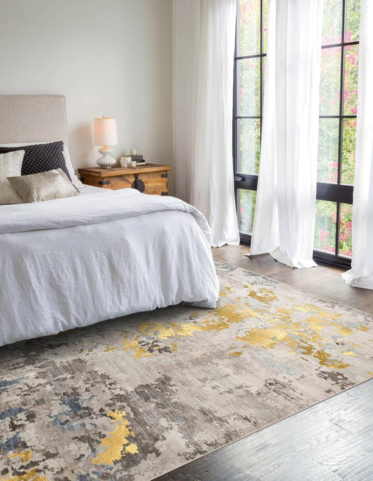 Washable Rug, Ultra Soft Area Rug 8x10, Non Slip Abstract Rug Carpet, Stain Resistant Rugs for Living Room Bedroom, Modern Fluffy Rug (Grey/Mustard, 8'x10')
