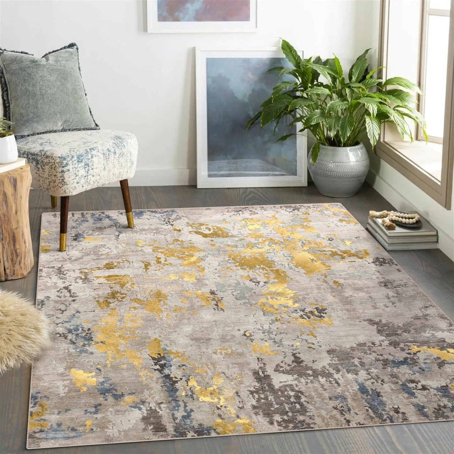 Washable Rug, Ultra Soft Area Rug 8x10, Non Slip Abstract Rug Carpet, Stain Resistant Rugs for Living Room Bedroom, Modern Fluffy Rug (Grey/Mustard, 8'x10')