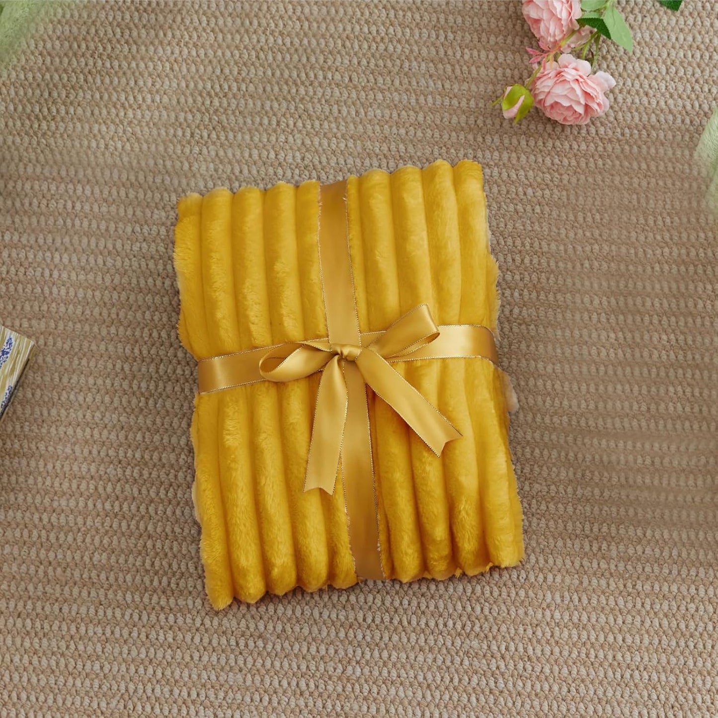 Ribbed Twin Blanket for Couch & Bed, Mustard Yellow, 60"x80" | Ultra-Soft Plush Fleece, Cozy, Warm Yet Lightweight, Ribbed Texture, Home Decor, Machine Washable, Giftable, All-Season Use