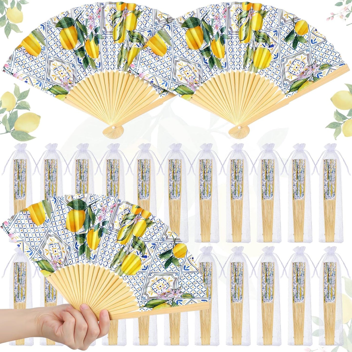 25 Sets Lemon Folding Fans with Organza Bags, Wedding Favors for Guests, Bridal Shower Decorations, Mediterranean Style, Amalfi Italian Summer Party Hand Fans for Wedding Bridesmaid Gift
