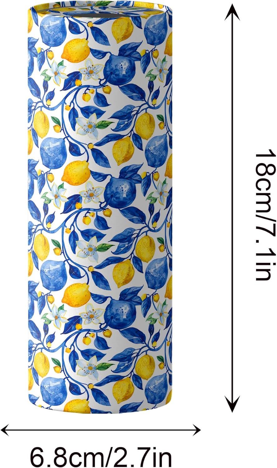 4 Pcs Capri Lemon Round Tissues Box Car Holder Set - Blue & White Mediterranean Lemon Travel Tubes for Car with 50 Sheets Cylinder Face Towel Containers | 2.7" x 7.1" Cup Holder Fit