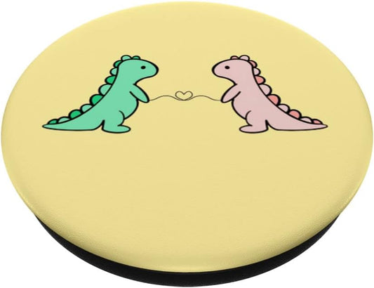 Cute Green & Pink Dinosaur TRex In Yellow For Women & Girls PopSockets Swappable PopGrip