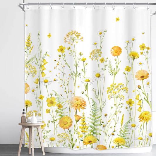 Floral Shower Curtain Yellow Blooming Daisy Spring Watercolor Wildflower 72Wx72H Inch Botanical Plants Farmhouse Country Natural Modern Waterproof Polyester Fabric Bathroom Bathtub