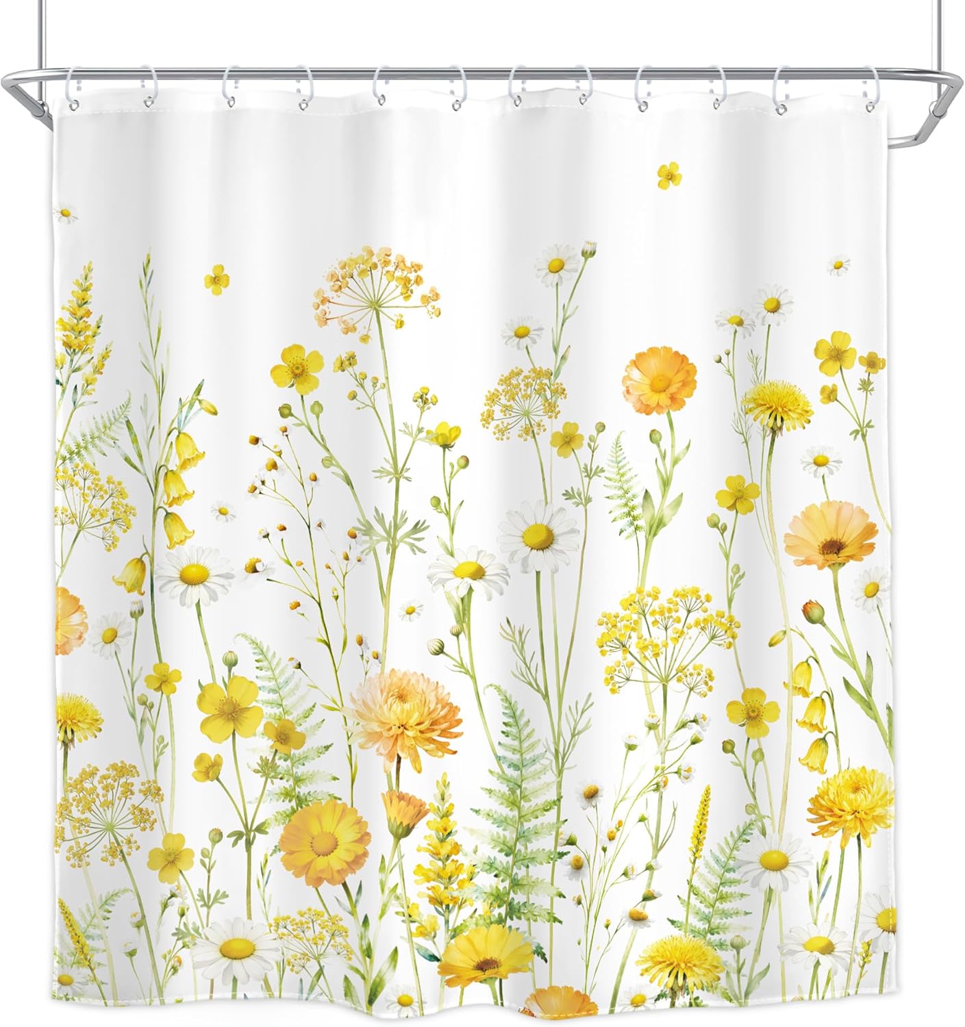 Floral Shower Curtain Yellow Blooming Daisy Spring Watercolor Wildflower 72Wx72H Inch Botanical Plants Farmhouse Country Natural Modern Waterproof Polyester Fabric Bathroom Bathtub