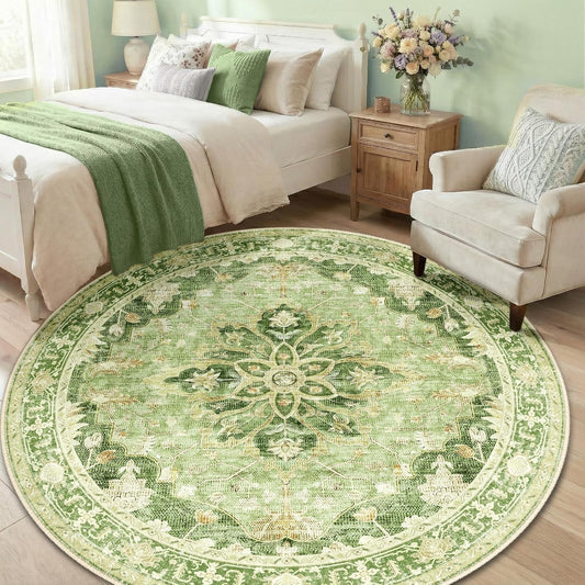 Area Rugs Round 6ft Washable Non-Slip, Floral Vintage Distress Medallion Carpet for Living Room Bedroom Dining Room, Sage Green Yellow