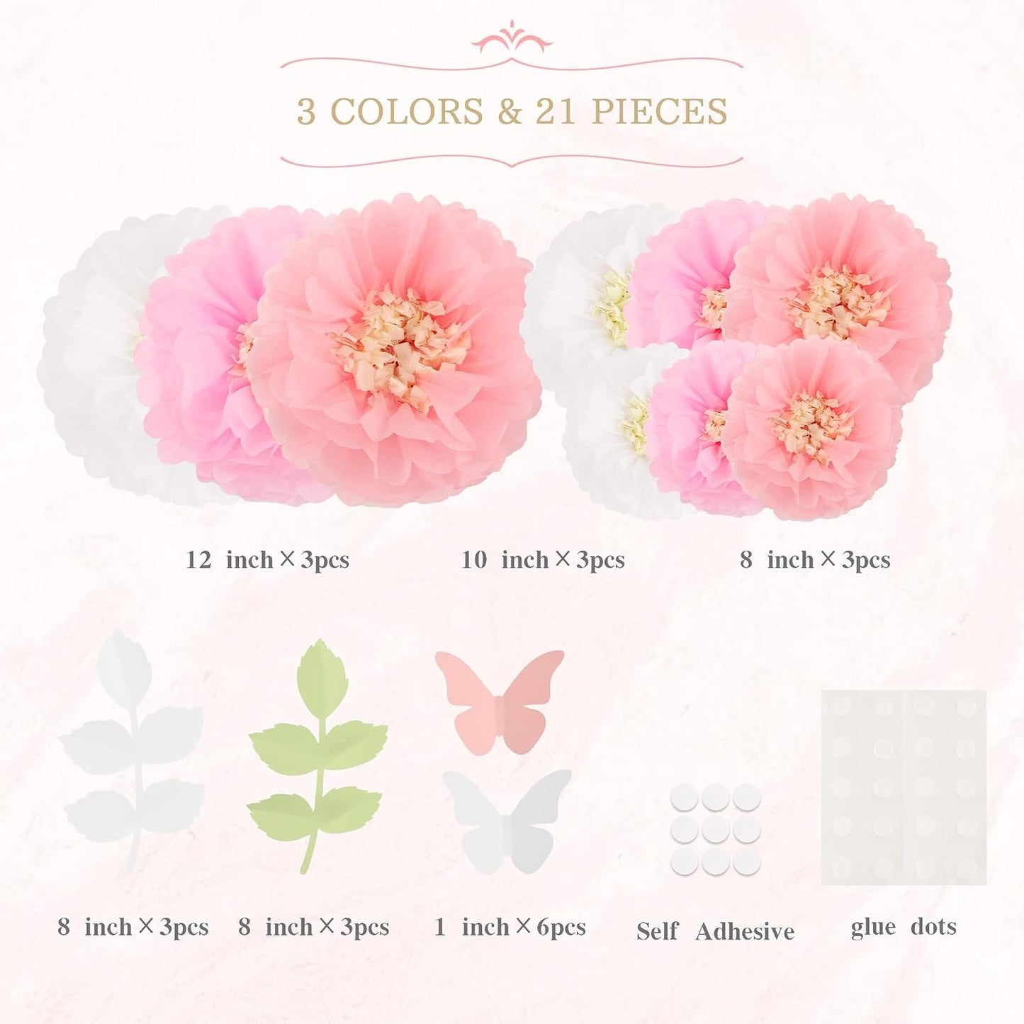 Tissue Paper Chrysanth Flowers with Butterfly and Olive Leaves for Wedding Baby Shower Nursery Room Parties & Events Decorations Pom Poms (White Light Pink Pink)