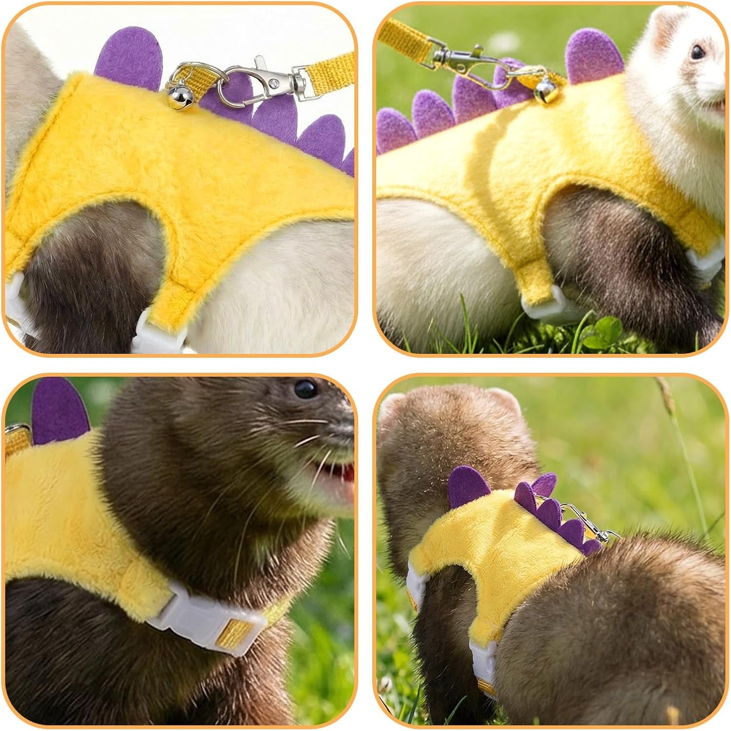 Ferret Harness and Leash Set Dinosaur Shaped Stuffed Animal Harness Adjustable Vest with Safe Bell for Baby Rabbit Guinea Pig Rat Hedgehog and Other Small Animals Yellow