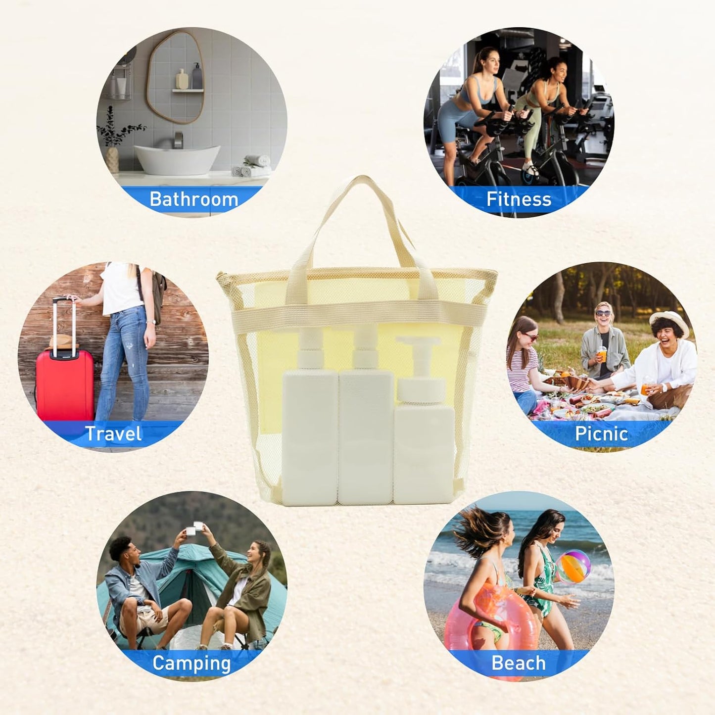 Mesh Shower Caddy, Portable Shower Bag, Quick-Dry Hanging Caddy Bath Organizer with Zipper, Toiletry Bag Essentials for Camping Travel College Dorm Room Gym (Yellow)