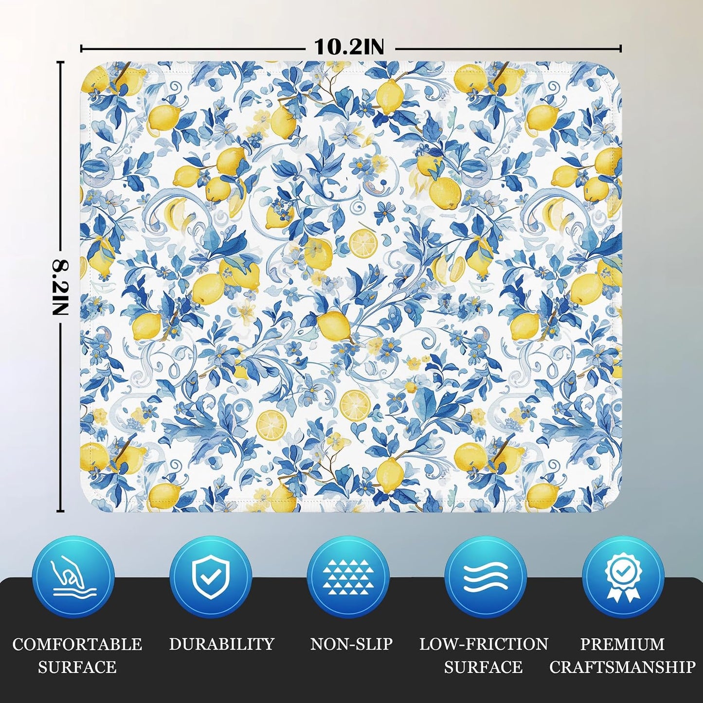 Lemon Chinoiserie Mouse Pad - Italian Lemon Lovers Gifts, Blue and White Square Mousepad for Office Computer Laptop, Non-Slip Rubber Base with Stitched Edge, 7.9x9.5 Inches