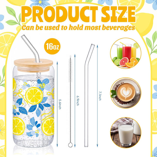 Lemon Glass Cup 16oz Iced Coffee Glass Lemon Summer Drinking Tumbler Blue Floral Aesthetic Tumbler Lemons Glasses Cups with Bamboo Lid and Straw Gift Lemons Summer Drinkware Gift for Parties