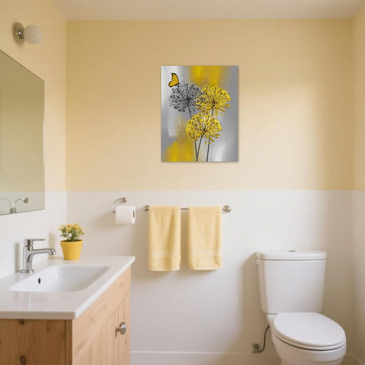 Yellow Dandelion Canvas Wall Art Yellow Grey Dandelion with Butterfly on Modern Abstract Wall Art Aesthetic Wall Decor for Living Room Bedroom Bathroom Office Framed Ready to Hang 16L x 12W
