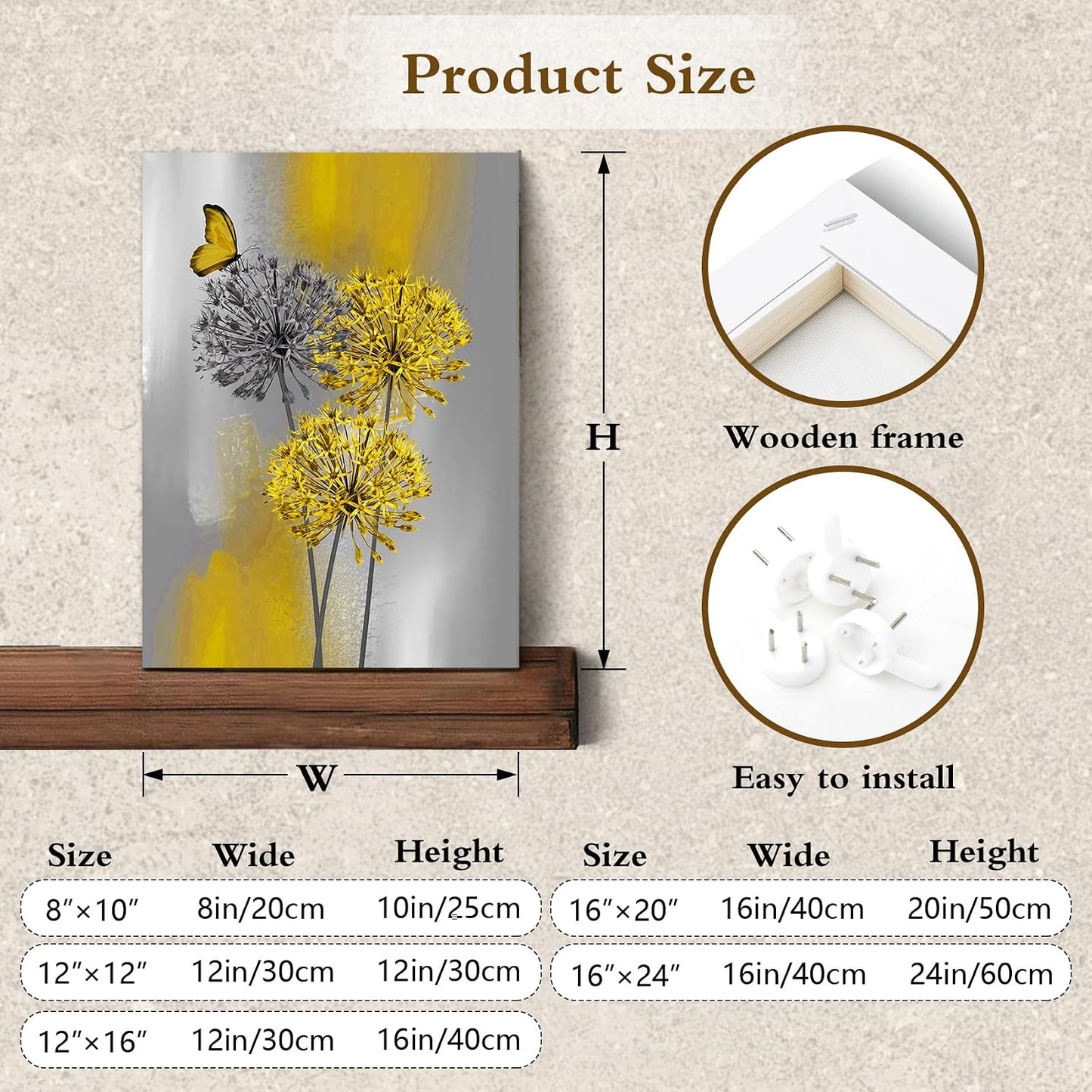 Yellow Dandelion Canvas Wall Art Yellow Grey Dandelion with Butterfly on Modern Abstract Wall Art Aesthetic Wall Decor for Living Room Bedroom Bathroom Office Framed Ready to Hang 16L x 12W