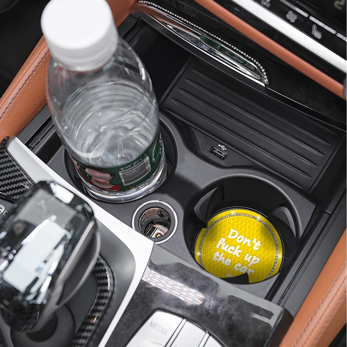 2PCS/Set Bling Car Cup Holder Coaster, Crystal Rhinestone Anti-Slip Vehicle Cup Coaster, Shockproof Automotive Interior Drink Insert Mat Pad Decor Accessories, Universal Fit (Yellow)