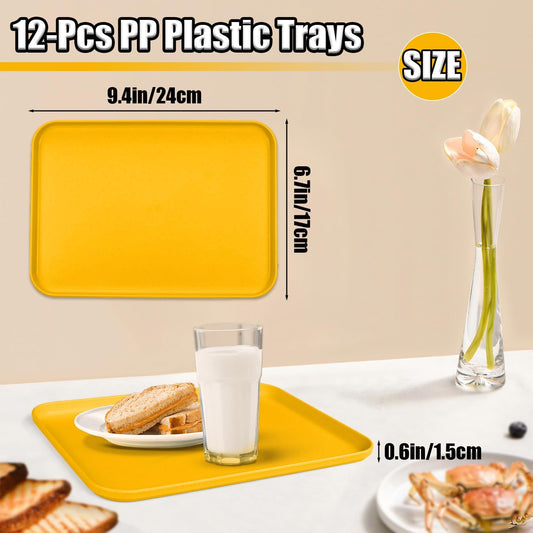 Plastic Serving Trays, 12 Pack Cafeteria Trays Plastic Fast Food Tray for DIY Projects, Painting, Beads, Organizing Supply, 9.4 X 6.7 X 0.6 Inches (Yellow)