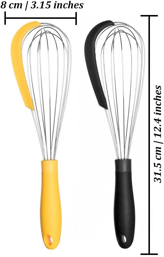 2-in-1 Stainless Steel Whisk with Silicone Scraper (2-Piece), Classic 12'' Kitchen Balloon Whisk Egg Beater for Cooking, Blending, Whisking, Beating, Frothing and Stirring (Yellow + Yellow)
