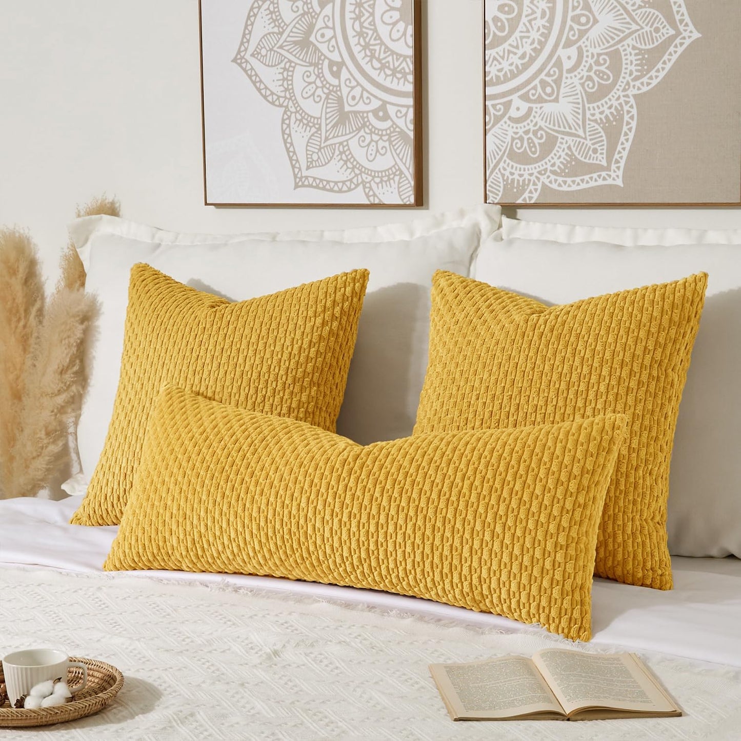 Soft Corduroy 14"x24" Pillow Cover 1 Pack, Mustard Yellow | Boho Stripe Plush Corduroy Decorative Oblong Cushion Cover Modern Farmhouse Home Decor for Sofa Couch Bed Chair