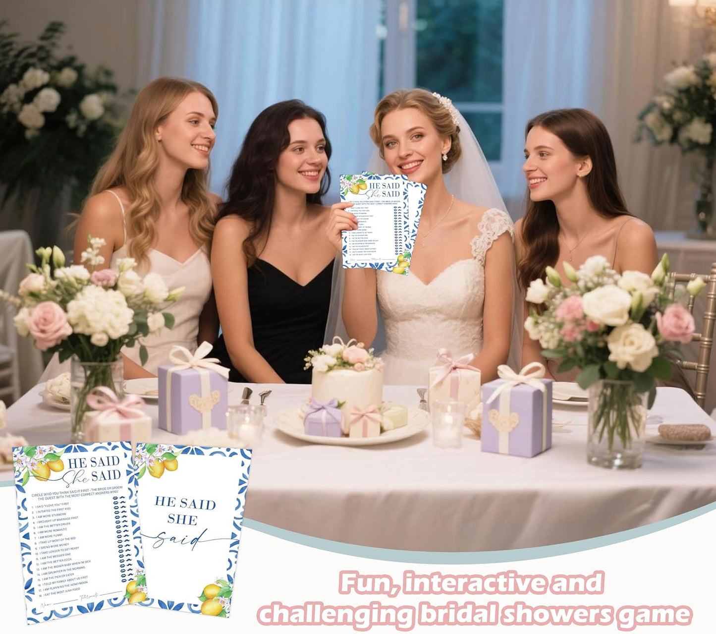 Mediterranean Lemon He Said She Said Bridal Shower Game, Pack of 30 Game Cards, Bridal Shower Decorations, Wedding Engagement Decor, Bachelorette Party Supplies - KR28