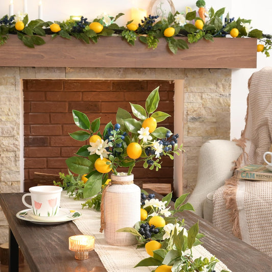 4 Packs Picks with Artificial Lemons Spring Summer Decor | Faux Fruit Lemons Blueberries Eucalyptus Leaves Branches For Vases Table Centerpieces Home Kitchen Decor-12''
