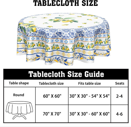 Summer Lemon Round Tablecloth 60 Inch Boho Blue Yellow Lemon Floral Pattern Circle Table Cloth Seasonal Holiday Rustic Farmhouse Table Cover for Party Kitchen Dinner Home Decor