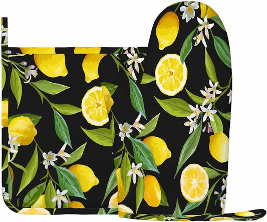 Lemon Fruits Silicone Oven Mitts and Pot Holders Sets Flowers Leaves Lemons BBQ Gloves for Kitchen,Cooking,Baking,Grilling