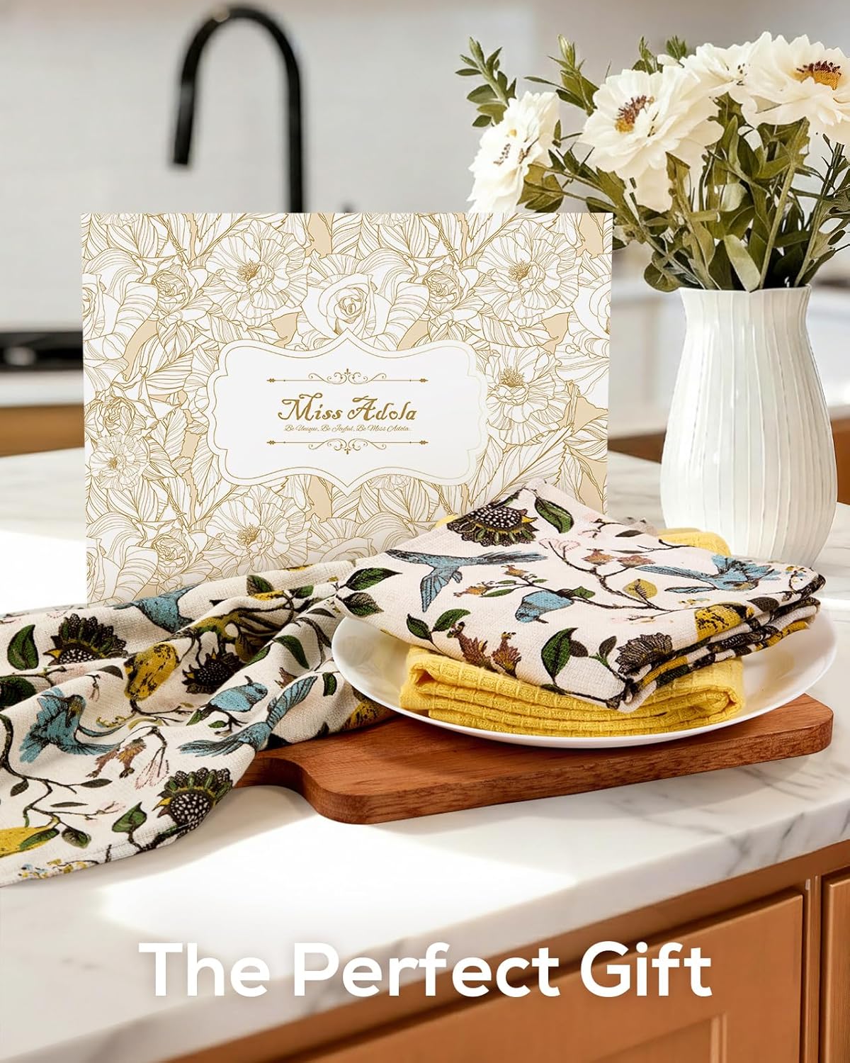 3pcs Cotton Kitchen Towels - 270 GSM 15x25 Inch Terry Cloths Reusable Dish Cloths for Cleaning Absorbent Soft Hand Tea Towels with Hanging Loop for Housewarming Home Decor, Lemon Bird