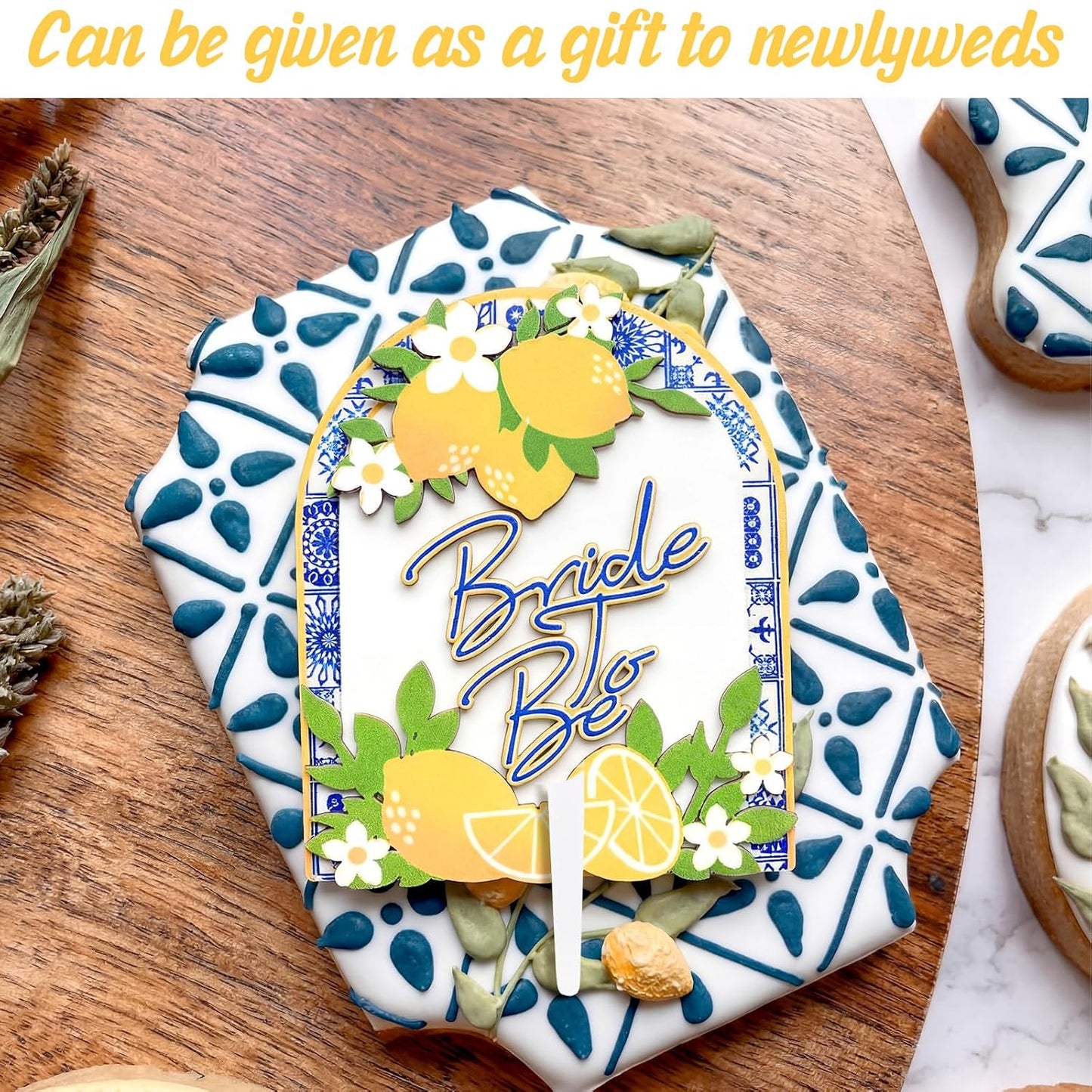 Lemon Bride to Be Cake Topper Wooden Amalfi Coast Bridal Shower Decorations Bridal Shower Cake Pick Mediterranean Blue Yellow Wedding Decor for Lemon Theme Party Engagement Bachelorette
