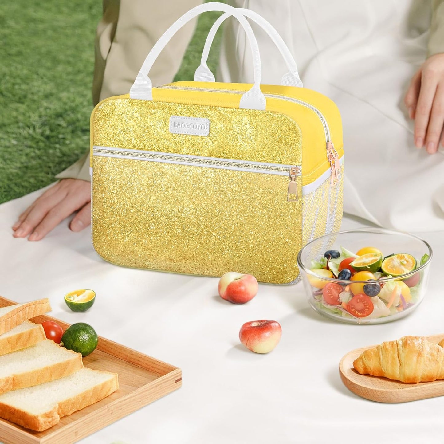 Lunch Bag For Women, Leakproof Glitter Lunch Box, Cute Lunch Tote Bag Adult, Large Capacity Insulated Reusable Cooler Lunch Containers for Work Travel Picnic or Office (Gold Yellow Sparkle)