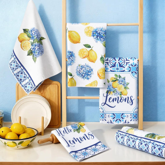 6 Pcs Lemon Hydrangea Kitchen Towels 24 x 16 Inch Capri Lemon Microfiber Dish Towels for Mediterranean Kitchen Decor Italian Housewarming Gifts Amalfi Coast Gift