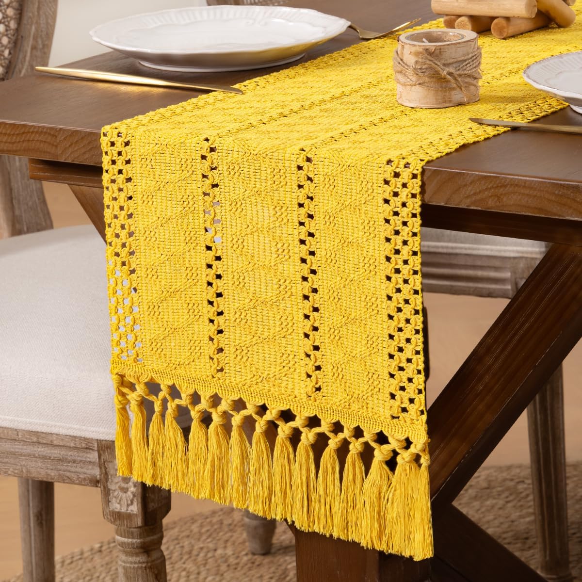 Boho Macrame Table Runner Spring Easter Farmhouse Woven Small Table Runner with Tassels 36 Inches Gold Yellow Cotton Linen Kitchen Table Decor for Dining Dresser Home Tea Table Decor