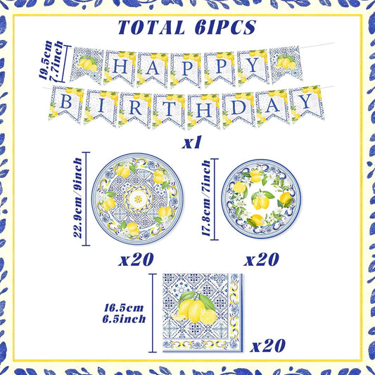 Capri Lemon Birthday Party Decorations Italian Blue Tile Plates and Napkins Set Lemon Banner Lemonade Tableware Decor Blue and Yellow Birthday Supplies